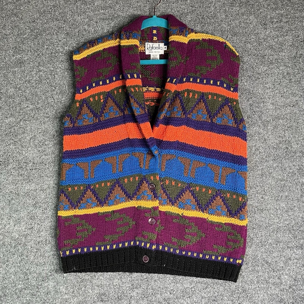 Rafaella Hand Knitted Sweater Vest Women M Button Front‎ Vibrant Multi Color